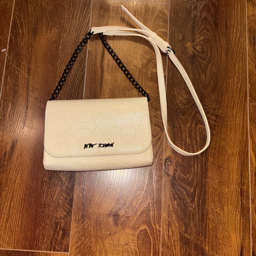 Original BETSEY JOHNSON Skulls Embossed Beige Clutch Convertible Crossbody Bag